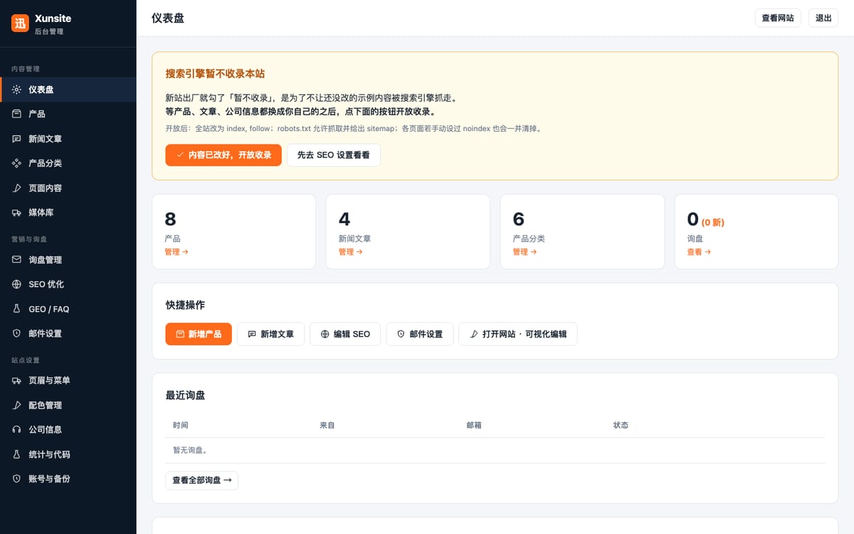 迅站后台仪表盘与快捷操作