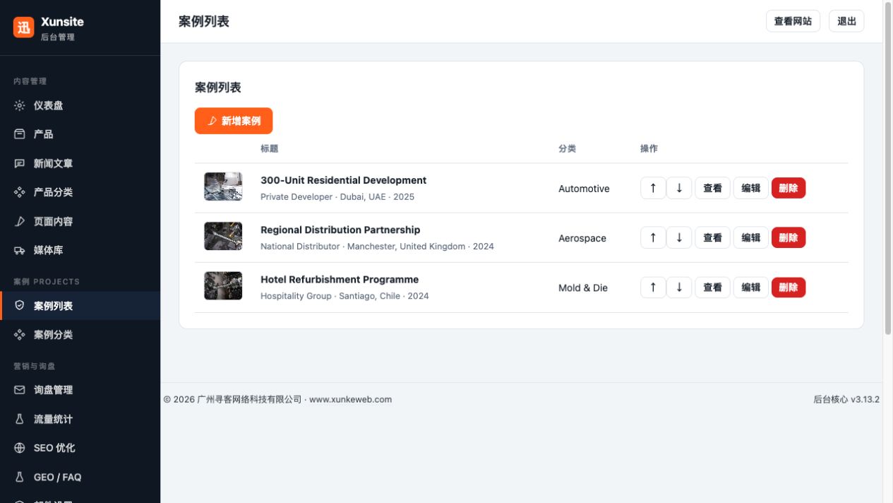 案例列表。启用案例模块后左侧出现案例菜单。① 新增案例；② 编辑已有案例；③ ↑/↓ 调整案例展示顺序。