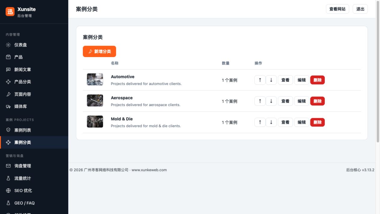 案例分类。先建立适合业务的案例分类，再在案例编辑页选择分类。案例分类与产品分类分别管理。